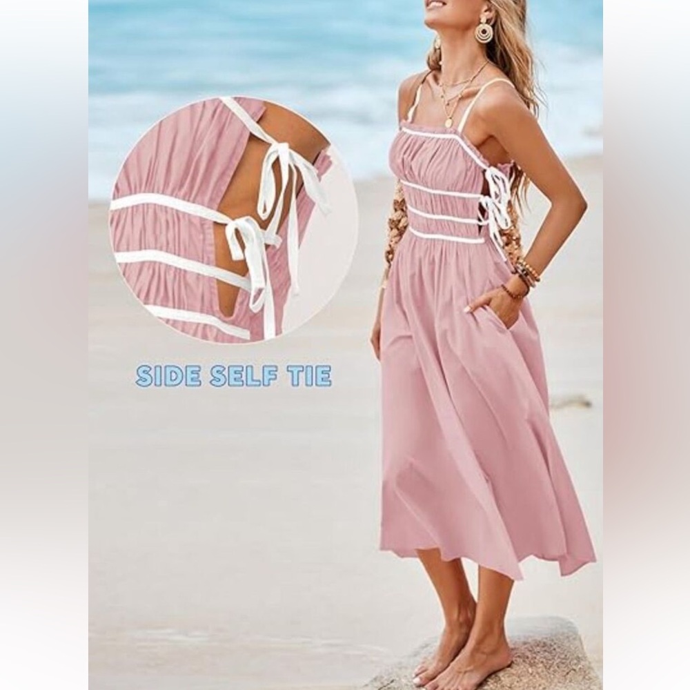 NEW Spaghetti Straps Side Tie Ruffle Midi Dress with Pockets Size Small